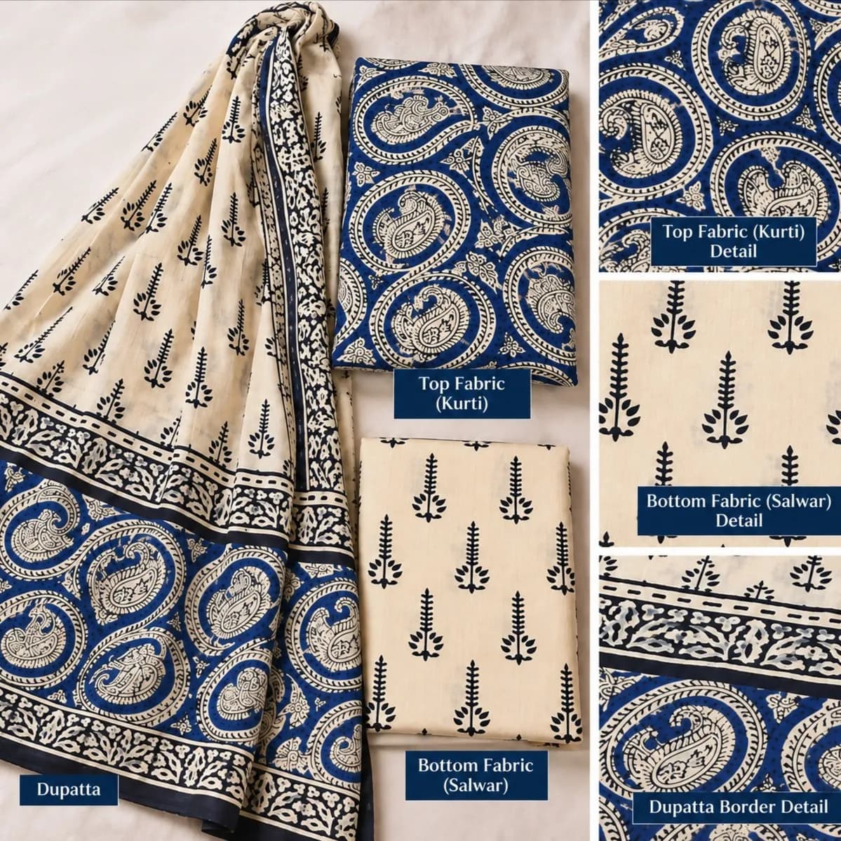 Bagru Hand Block Printed Cotton Suit Set with Chiffon Dupatta