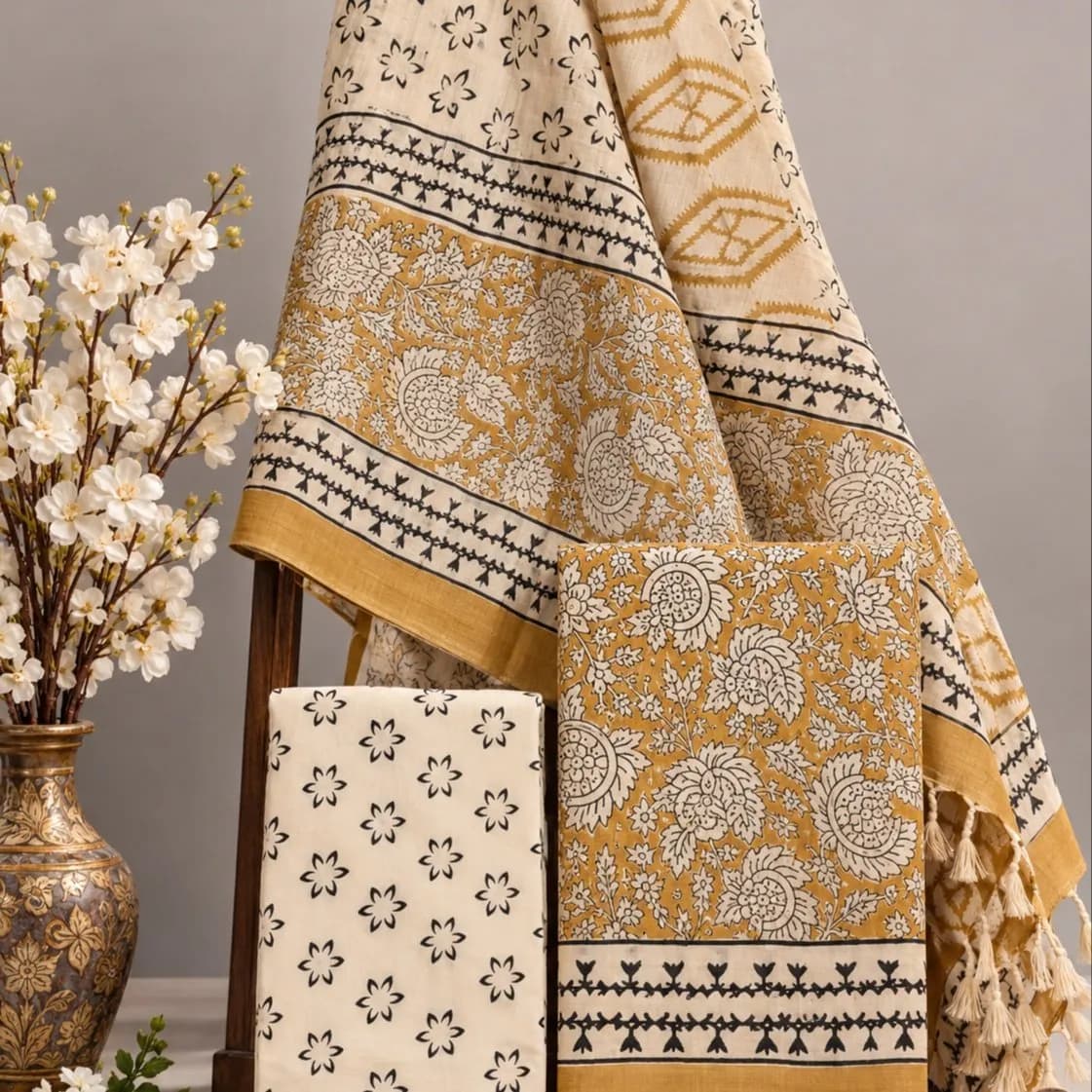 Bagru Hand Block Printed Cotton Suit with Linen Dupatta