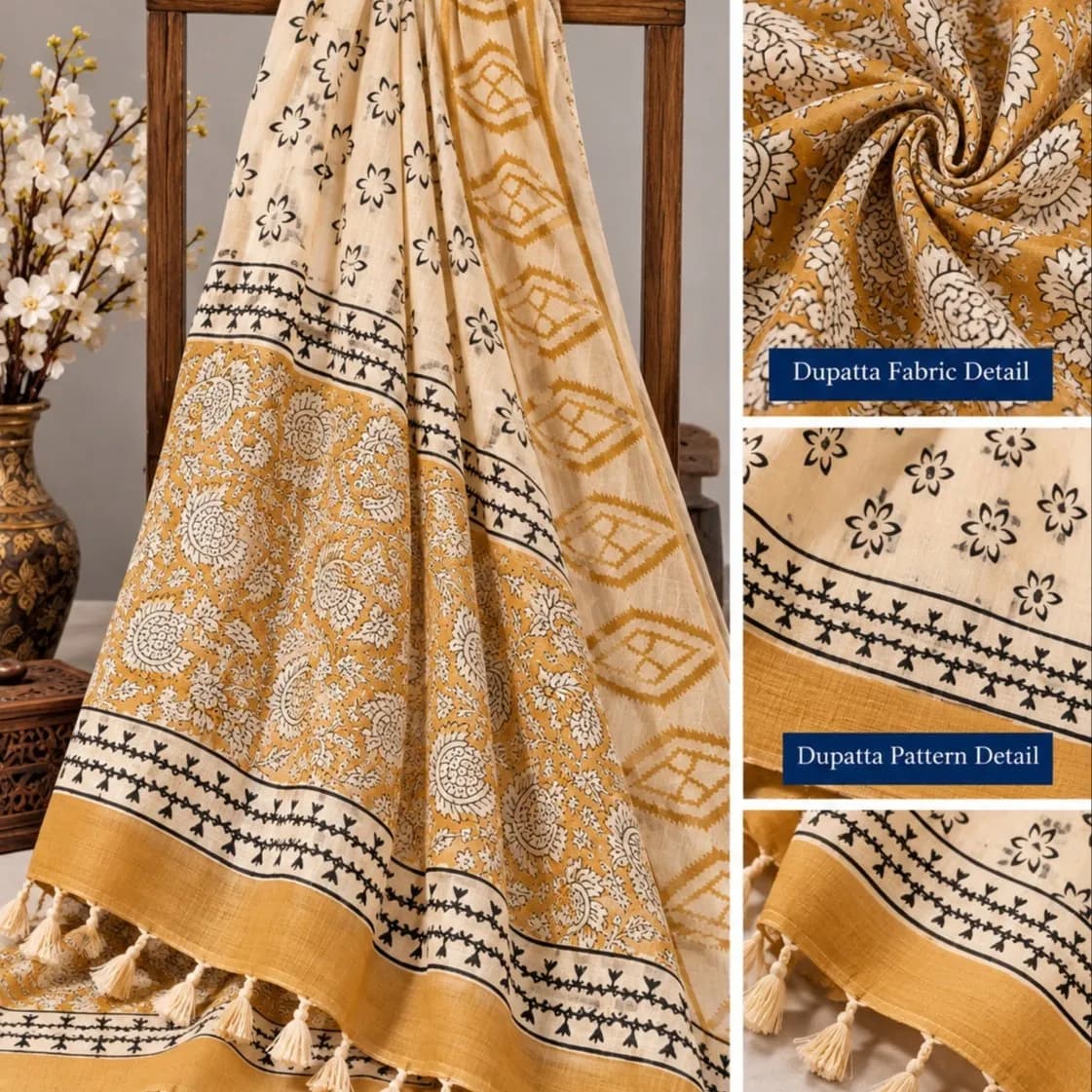 Bagru Hand Block Printed Cotton Suit with Linen Dupatta image 2